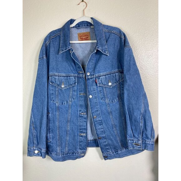Levis Blue Denim Jean Jacket Womens Plus Size 1X Tracker Button Pockets Moto - Picture 1 of 16